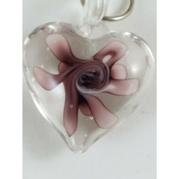 Clear Heart Necklace Purple Earrings Pierced Flower Pendant Silver Tone Chain 22 - Picture 5 of 5
